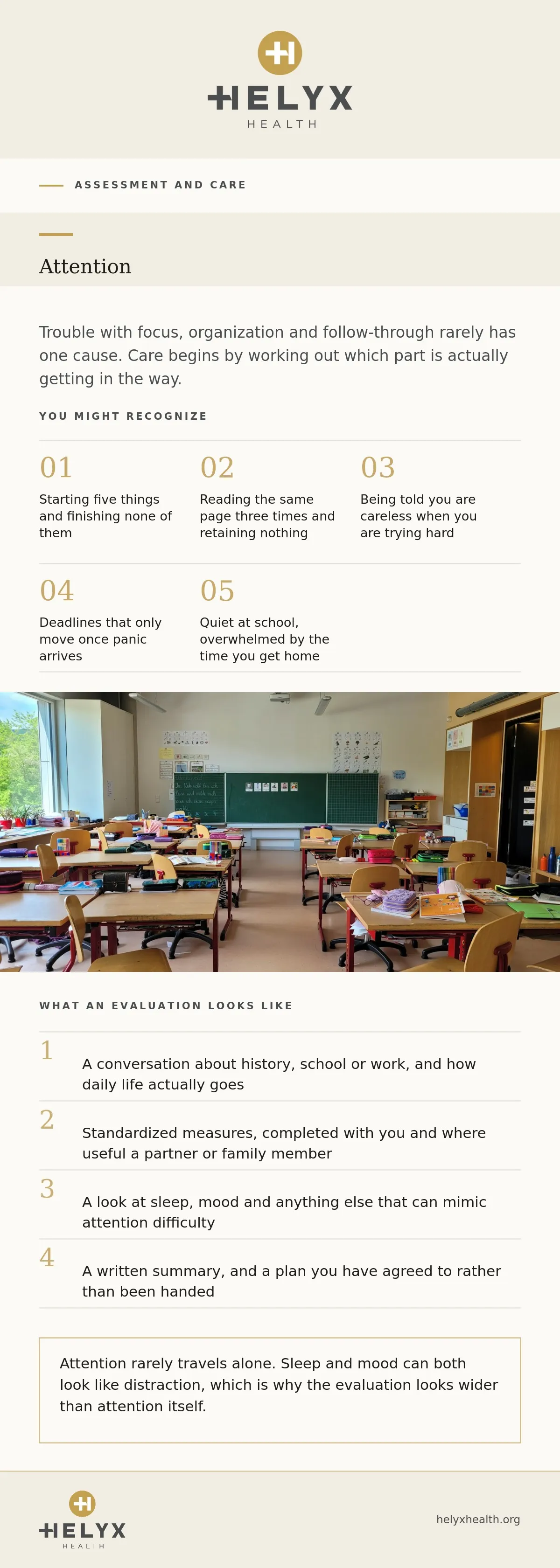 Adult attention and ADHD care at Helyx Health, showing what to expect and what care involves