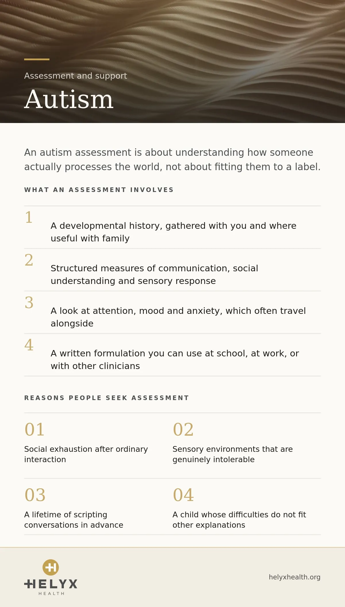 Autism assessment and support at Helyx Health, showing what to expect and what care involves