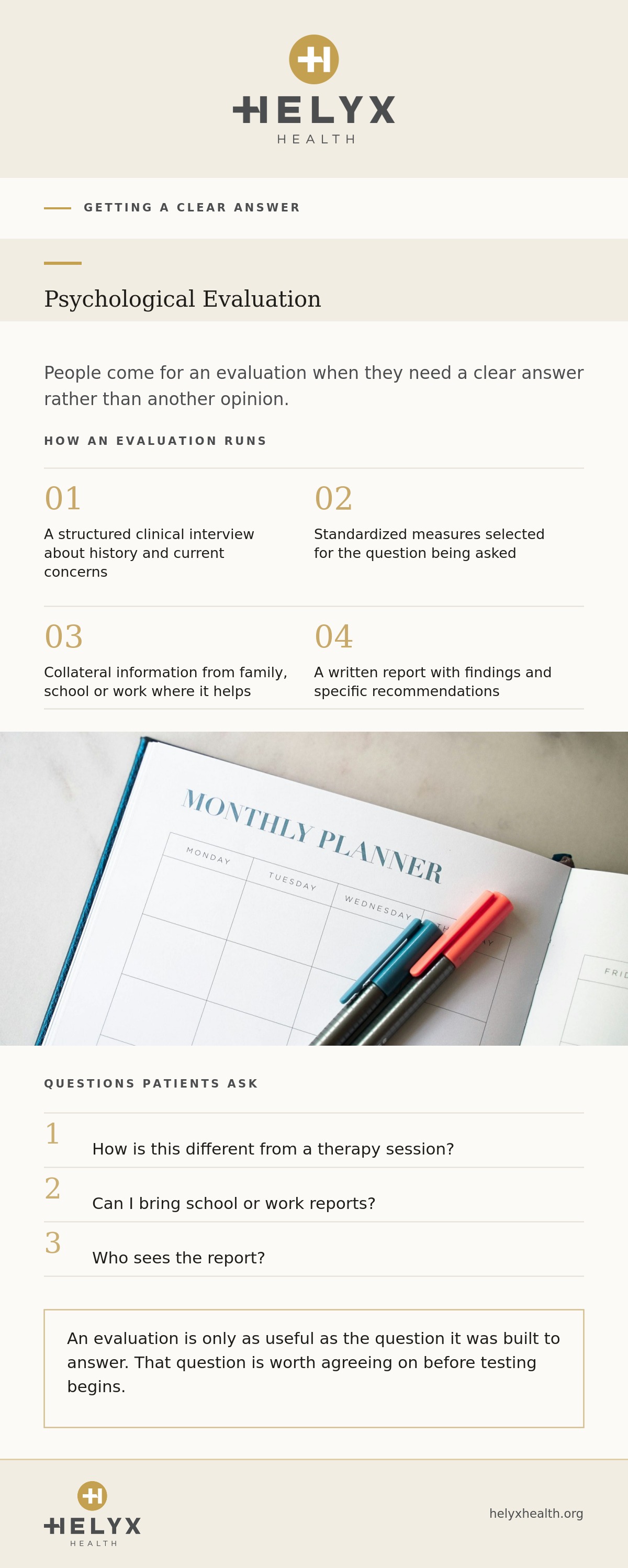 Psychological evaluation at Helyx Health, showing what to expect and what care involves