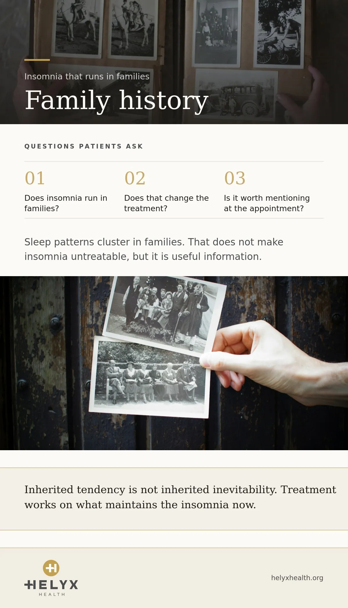 Insomnia and family history at Helyx Health, showing what patients often recognize