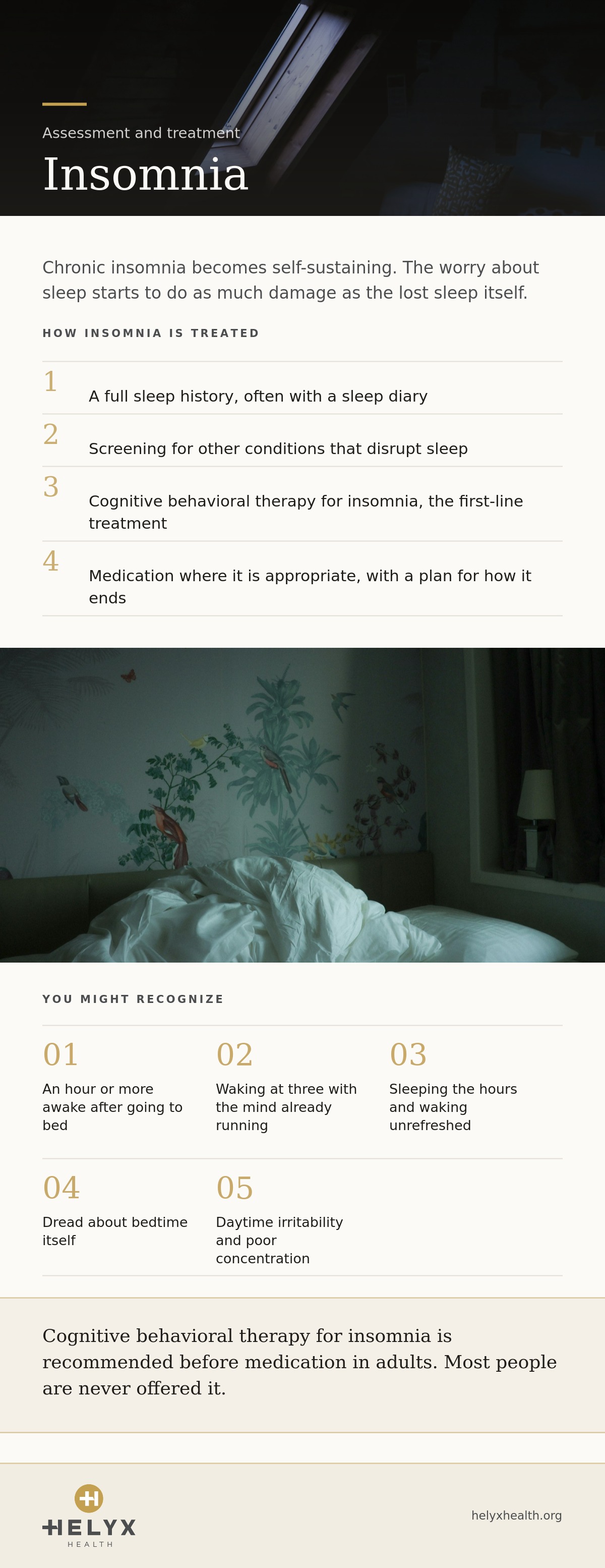 Insomnia assessment and treatment at Helyx Health, showing what to expect and what care involves