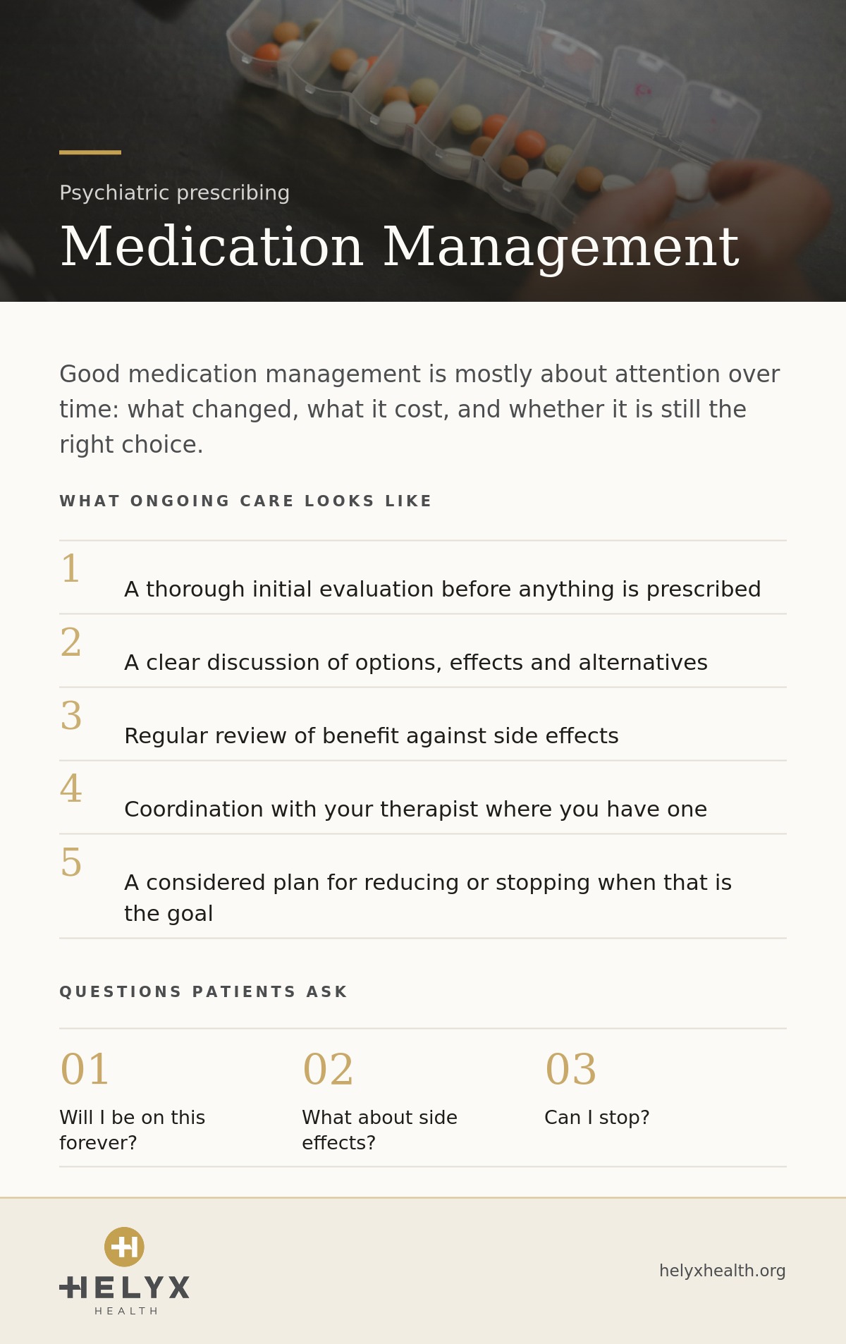 Psychiatric medication management at Helyx Health, showing what to expect and what care involves