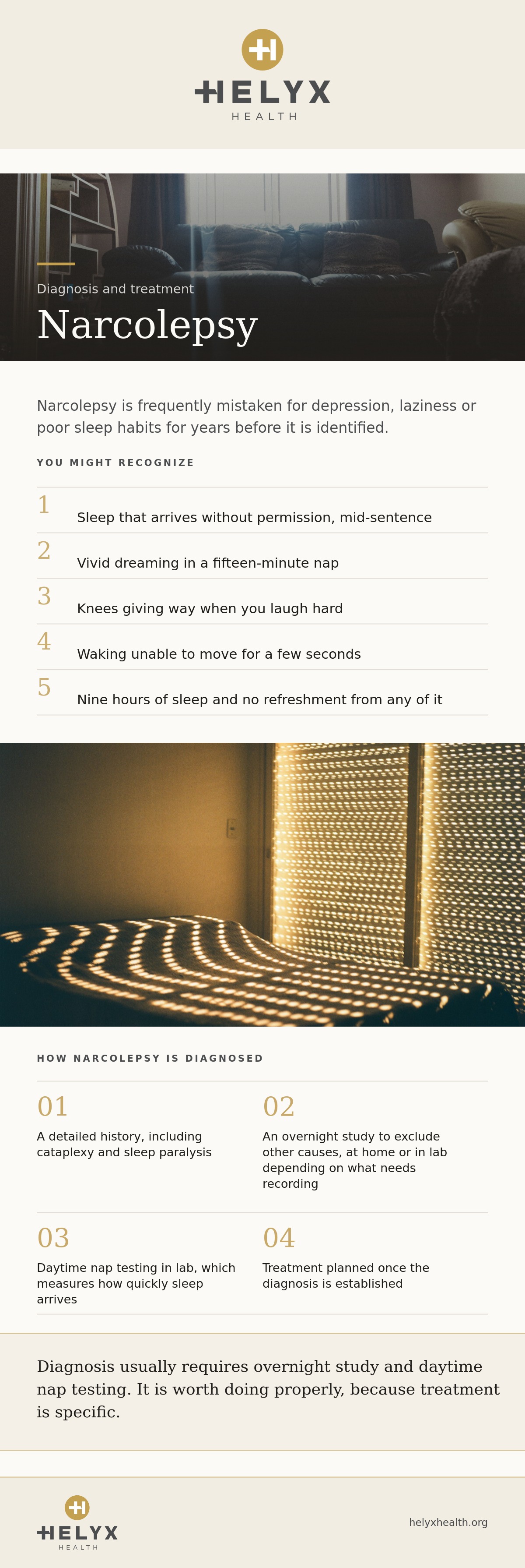 Narcolepsy diagnosis and treatment at Helyx Health, showing what to expect and what care involves