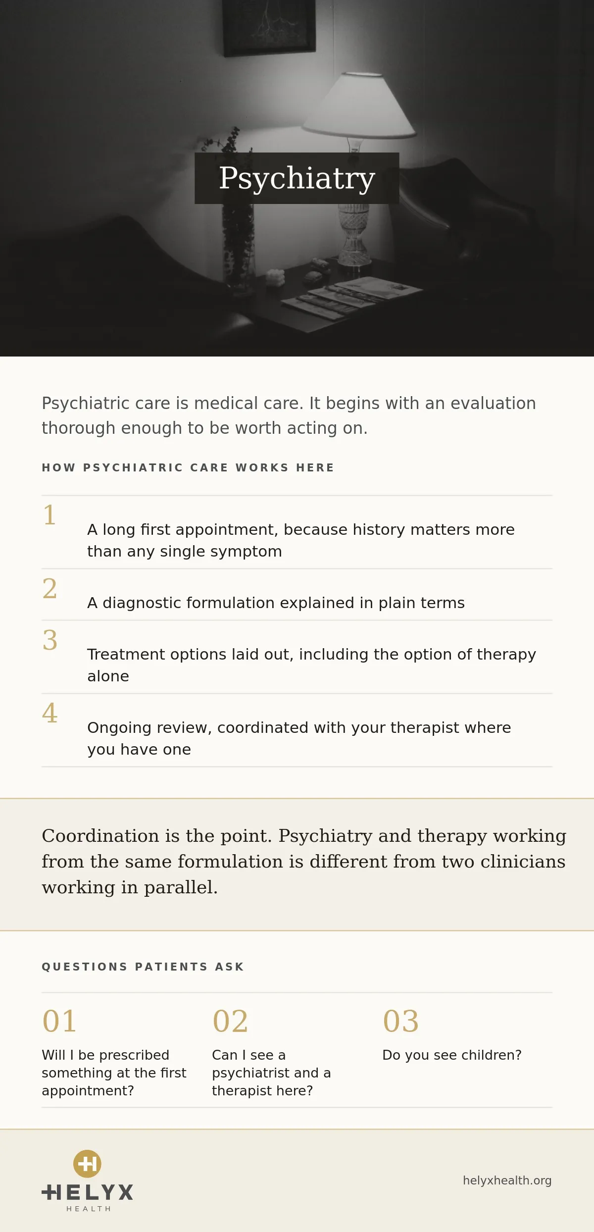 Psychiatric care at Helyx Health, showing what to expect and what care involves