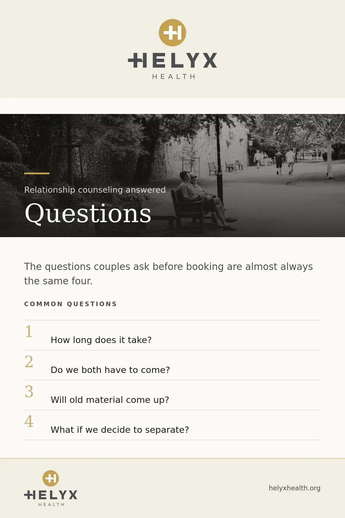 Relationship counseling questions at Helyx Health, showing the steps involved