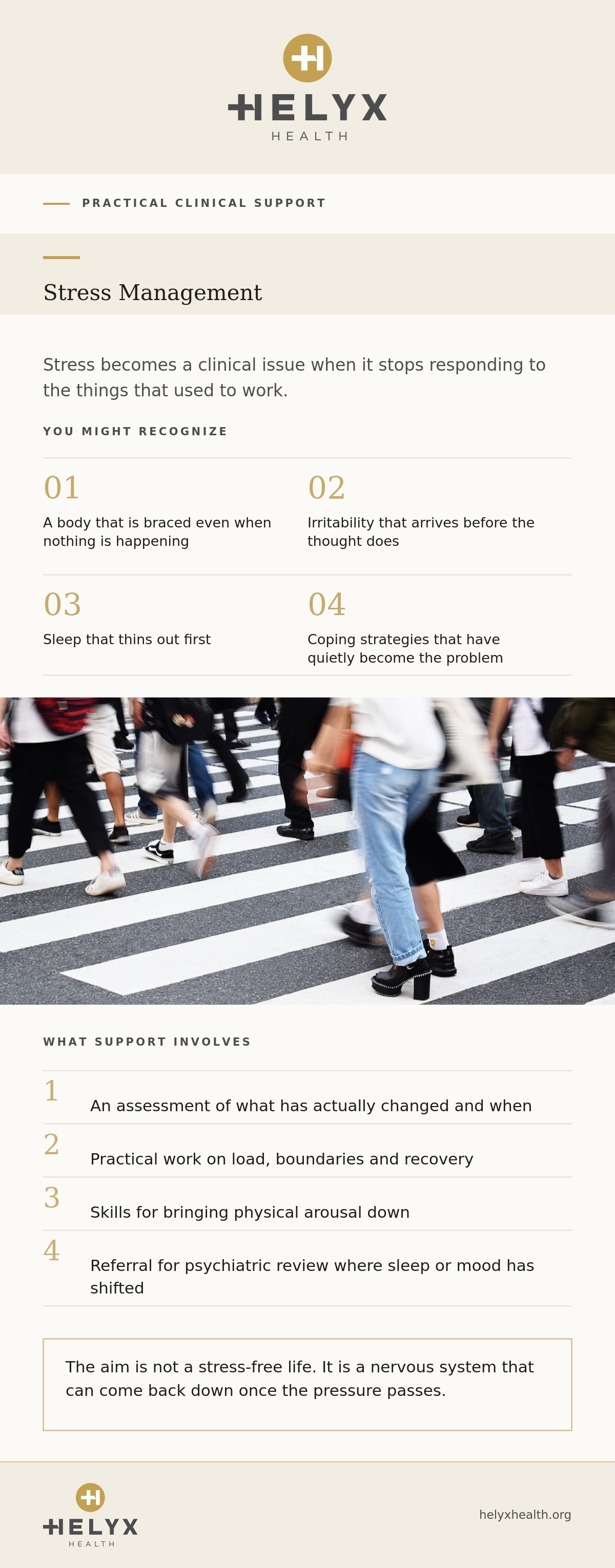 Stress management support at Helyx Health, showing what to expect and what care involves