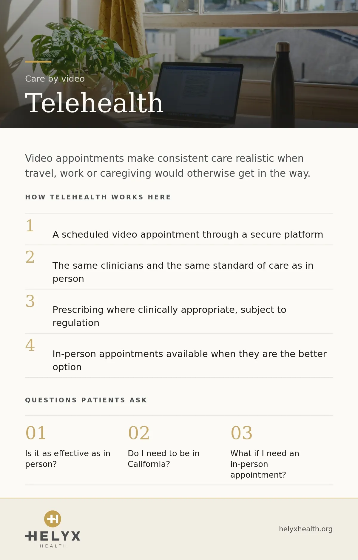 Telehealth appointments at Helyx Health, showing what to expect and what care involves